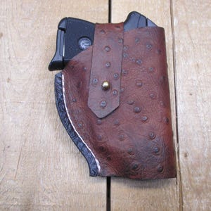 Ruger LCP, LCP II, Max 380, étui en cuir, avec/sans protection laser Crimson Trace. Cuir de vachette marron à motif d'autruche. Fabriqué par le vendeur aux États-Unis image 3