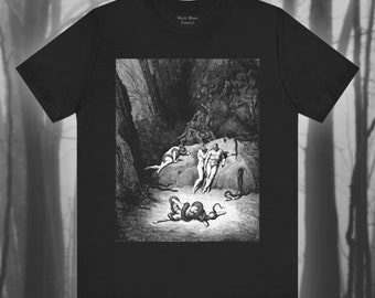 May include: Black and white graphic t-shirt featuring a vintage illustration of a scene from Dante's Inferno. The illustration depicts a group of people surrounded by snakes in a dark forest.