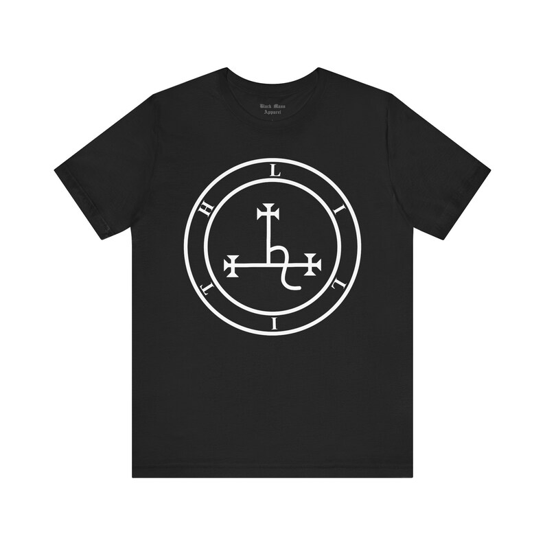 May include: Black t-shirt with a white sigil of the demon Leviathan. The sigil is a circle with the letters "L.I.H.I.T.I.L" around the outside and a cross with a serpent inside the circle.