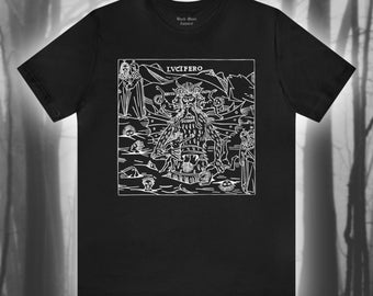 LVCIFERO II, Camiseta Lúcifer, Camiseta Satânica, Demonologia, Demoníaco, Satânico, Oculto, Diabo Vintage, Camiseta Gótica Unissex de Manga Curta