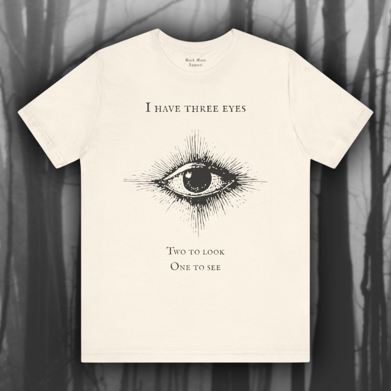 May include: A white t-shirt with a black eye graphic and the text "I have three eyes. Two to look. One to see."