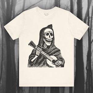 Skeleton Playing Guitar, Posada Shirt, Day of the Dead Tshirt, Mexican Art T shirt, Hispanic Folk Art, Creepy Unisex Short Sleeve Tee