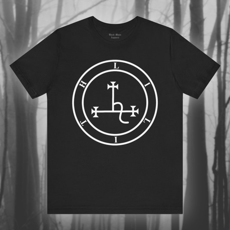 May include: Black t-shirt with a white sigil of the demon Leviathan. The sigil is a circle with a cross inside, and the letters "L.I.T.H.I.T" are around the circle.