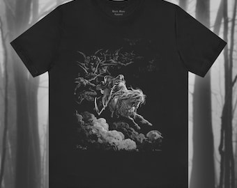 May include: Black t-shirt with a white graphic print of a skeletal figure riding a horse through the clouds. The graphic is a vintage illustration with the text "Black Mass Apparel" at the top.