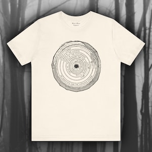May include: A white t-shirt with a black and white graphic print of a tree ring with text that reads "VESTIBULE - THE INDECISIVES, CIRCLE I - LIMBO, CIRCLE II - THE LUSTFUL, CIRCLE III - THE GLUTTONOUS, CIRCLE IV - THE HOARDERS AND THE WASTEFUL, CIRCLE V - THE WRATHFUL, THE UNBAPTISED AND THE VIRTUOUS PAGANS".