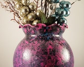 Blue and copper painted glass vase, ruffle top metallic sponge painted hand painted glass vase, blue vase, copper vase, 3