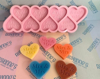 Mrs & Mrs favour hearts individual wax melt silicone mould food safe option available