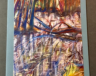 May include: Abstract watercolor painting of a forest scene with blue, brown, yellow, and white colors. The painting depicts a forest floor with tree roots and branches.