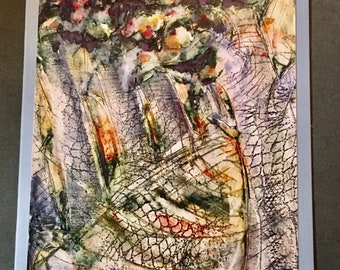May include: Abstract watercolor painting with a mix of purple, green, yellow, and orange colors. The painting features a series of overlapping lines and shapes that create a sense of depth and movement.