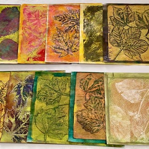 Pode incluir: Uma coleção de impressões coloridas de folhas em papel retangular. As impressões apresentam várias formas e tamanhos de folhas em tons de verde, amarelo, laranja e roxo. Algumas impressões têm uma aparência texturizada, outras têm um contorno mais definido.