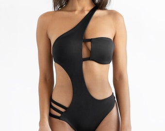 EVA - Asymmetrical bandeau one piece swimsuit, one shoulder designer swimsuit, luxury swimsuit,  festival outfit, burning man outfit,