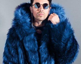 Men's Faux Fur Hooded Coat, Black, Blue,Wolf Fake Fur Jacket, Festival Coat for Burning Man