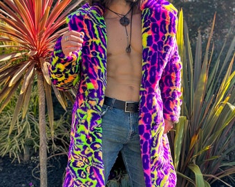 Men's Faux Fur Collared Coat, Multi Color Neon Cheetah Fake Fur Jacket, Festival Coat for Burning Man