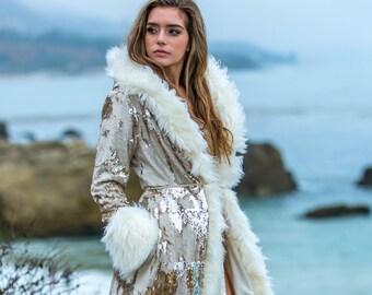 Burning Man Sequin Sparkle Temptress Faux Fur Coat in Ivory Gold