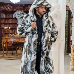 Men's Faux Fur Winter Coat,  Black / White / Gray  Fake Fur hooded jacket, festival coat for Burning Man