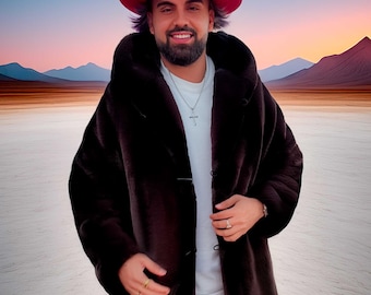Herren Braun Schwarz Lang Kunstpelz Kapuzenmantel, Luxus Pelzjacke, Festival Mantel, Wintermantel