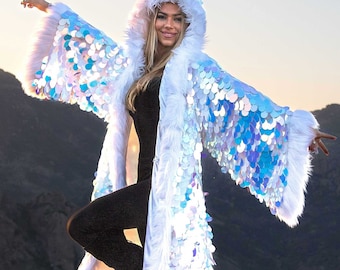 LED Sequin Kimono, Burning Man coat - Festival Clothing - Rave Outfit - party jacket - sparkly cardigan - Rave duster long