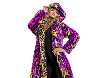 Women's Neon Cheetah Faux Fur Coat,  Fake Fur Coat for Burning Man