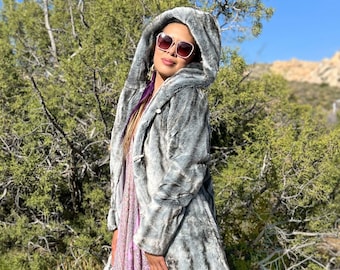 Women's Faux Fur Hooded Coat, Luxury Silver Slate Light weight Chinchilla Faux Fur Jacket, Festival Fur Coat for Burning Man