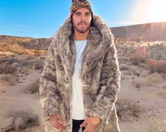 Coyote Faux Fur Jacket: Oversized Hood, Beige Burner Coat - Etsy