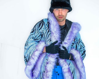 Fur Iridescent Kimono, Burning Man coat - Festival Clothing - Rave Outfit - party jacket - sparkly cardigan - Rave duster long