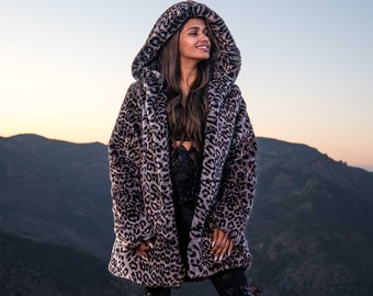 Women's SHORT Faux Fur Hooded Coat in Luxe Leopard, Black & Taupe Winter coat, Fake Fur Jacket for  Burning Man