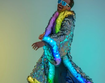 Fur Big Sequin Kimono, Burning Man coat - Festival Clothing - Rave Outfit - party jacket - sparkly cardigan - Rave duster long