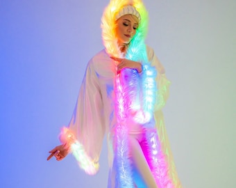 LED Fur Iridescent Kimono, Burning Man coat - Festival Clothing - Rave Outfit - party jacket - Light Up Kimono, Rave duster long