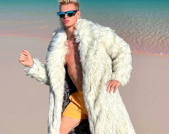 Rayon Gosling Ken Weißer Kunstpelzmantel, Halloween Cosplay Kostüm, Herren Langer weißer Kunstpelz, Kunstpelzjacke, Festival Mantel, Burning Man Mantel