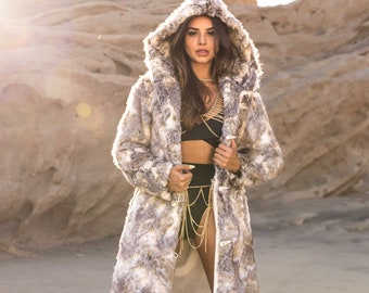 Women's Faux Fur Winter Long Coat in Ivory, tan, etc Luxury Fake Fur, Vegan Fur, Hooded Festival Coat for Burning Man