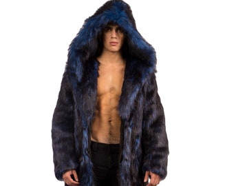 May include: A long black and blue faux fur coat with a hood. The coat is open and the person wearing it is shirtless.