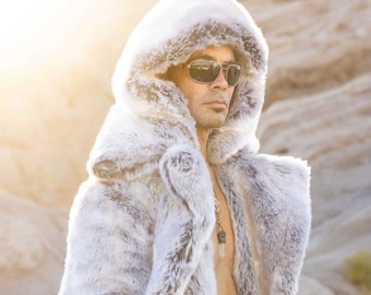 Men s Faux Fur CHINCHILLA TISSAVEL Luxury Fur Coat in pegasus White Black Luxury Fake Fur Coat Festival Coat Burning Man Etsy