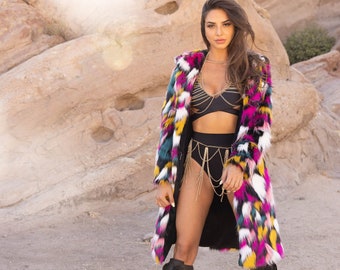 Women's Faux Fur Hooded Coat in "Pink/Teal/White/ Black, Luxury Multicolor Fake Fur Jacket, Festival Coat for Burning Man