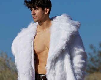 Men's Faux Fur White Hooded Lapel Collar Coat in 