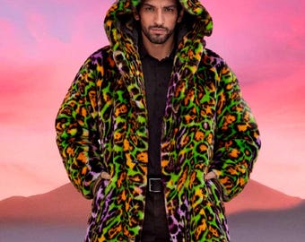 Men's Faux Fur Coat in Jungle Cheetah Hooded Jacket, Brown/ green/ orange festival coat, Festival Coat for Burning Man