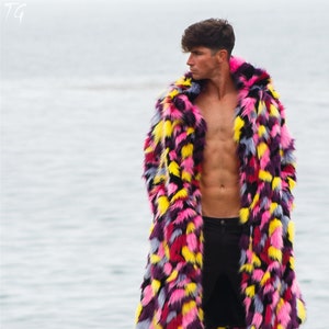 Men's Faux Fur Multi Color Coat, Fake fur jacket, Vegan Fur Festival Coat for Burning Man