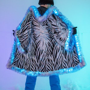 Fur Iridescent Kimono, Burning Man coat Festival Clothing Rave Outfit party jacket sparkly cardigan Rave duster long zdjęcie 5