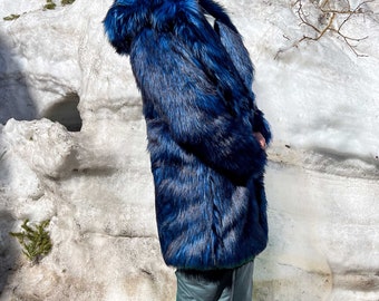 メンズフェイクファー襟付きコート、スナップオフフードブルーウルフ