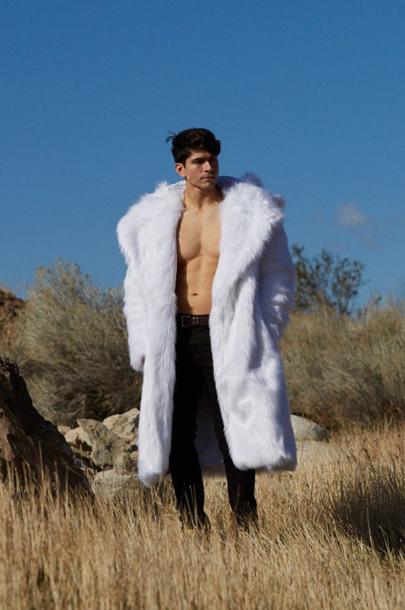 Men's Faux Fur White Hooded Lapel Collar Coat in white or black