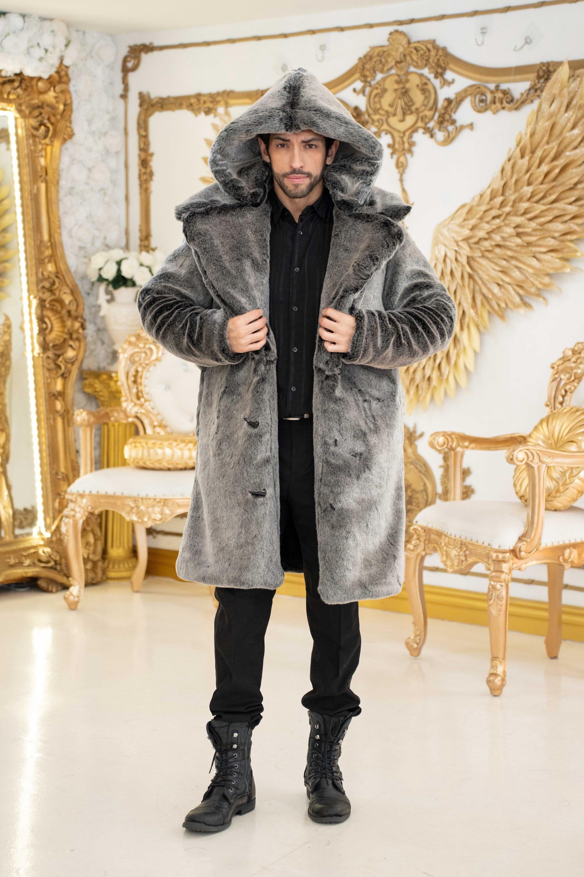 メンズフェイクファー襟付きコート、スナップオフフードシルバー