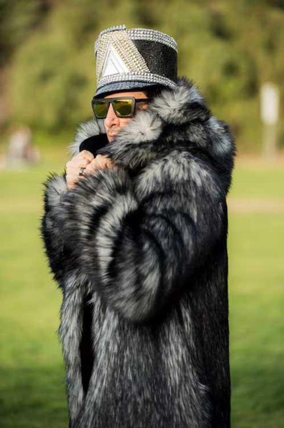 Men's Faux Fur Gray Black Gray Wolf, Green Wolf, Blue Wolf Coat