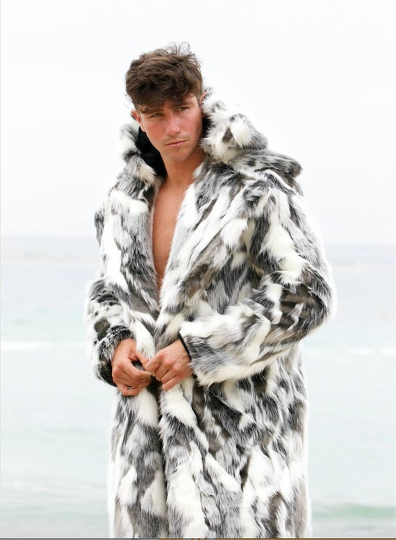 Men's Faux Fur Winter Hooded Long Coat Black White Luxury - Etsy