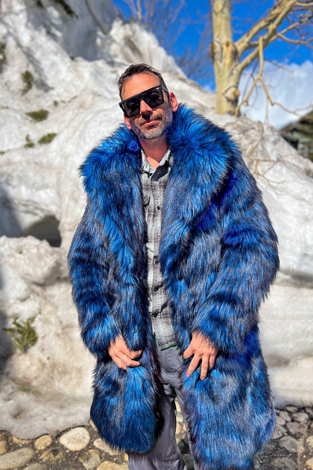 メンズフェイクファー襟付きコート、スナップオフフードブルーウルフ