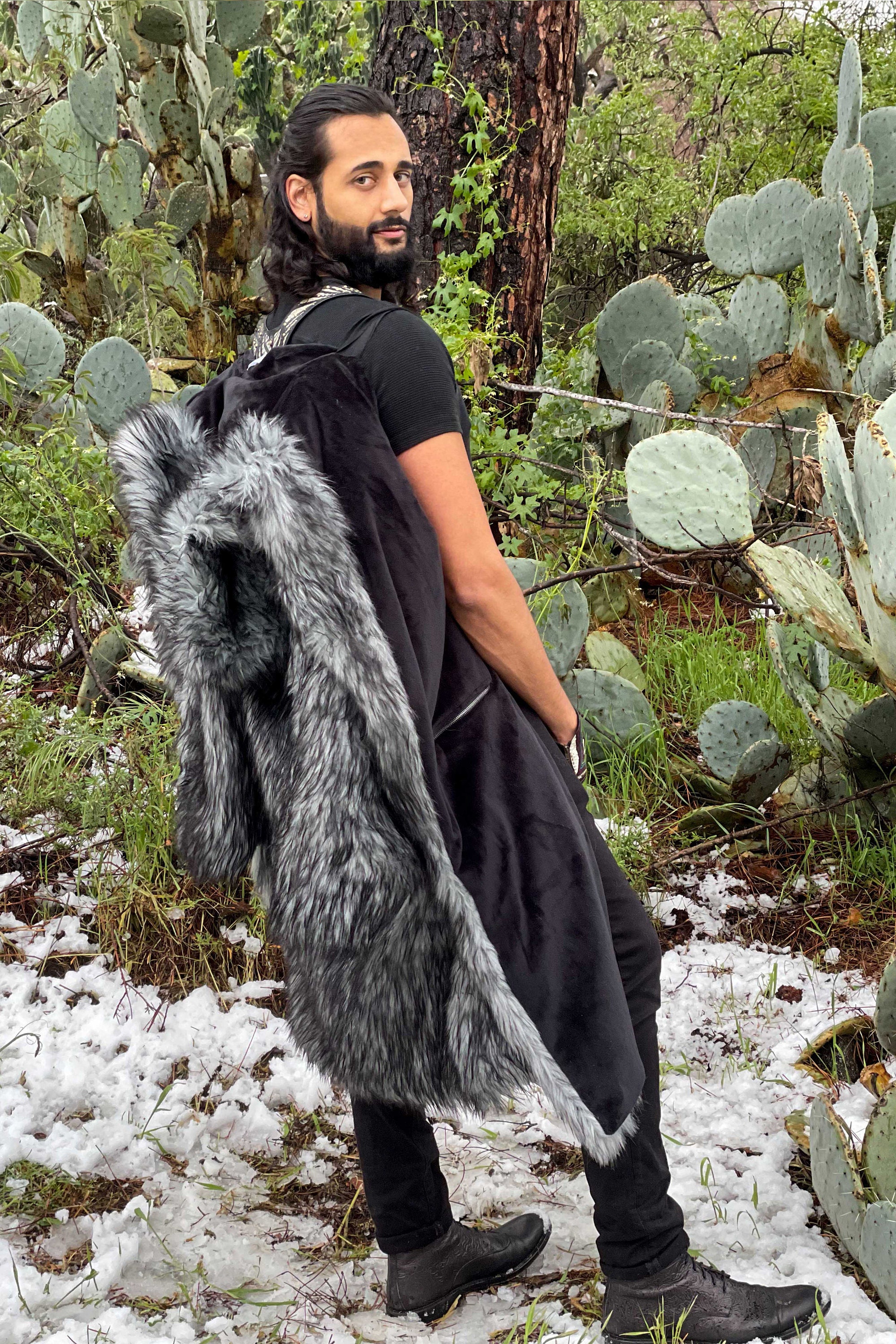Men's Faux Fur Gray Black Gray Wolf, Green Wolf, Blue Wolf Coat Men's Faux Fur Gray Black Gray Wolf, Green Wolf, Blue Wolf Coat