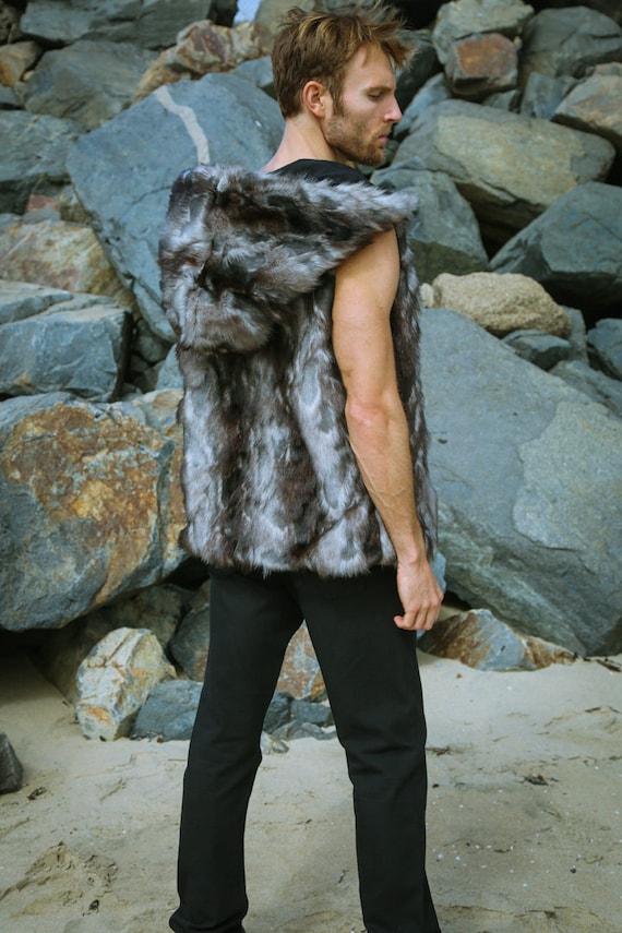 Men s Hooded Viking Vest in gray Brown Fake Wolf Fur Vest Vegan Fur Vest Festival Vest for Burning Man Etsy