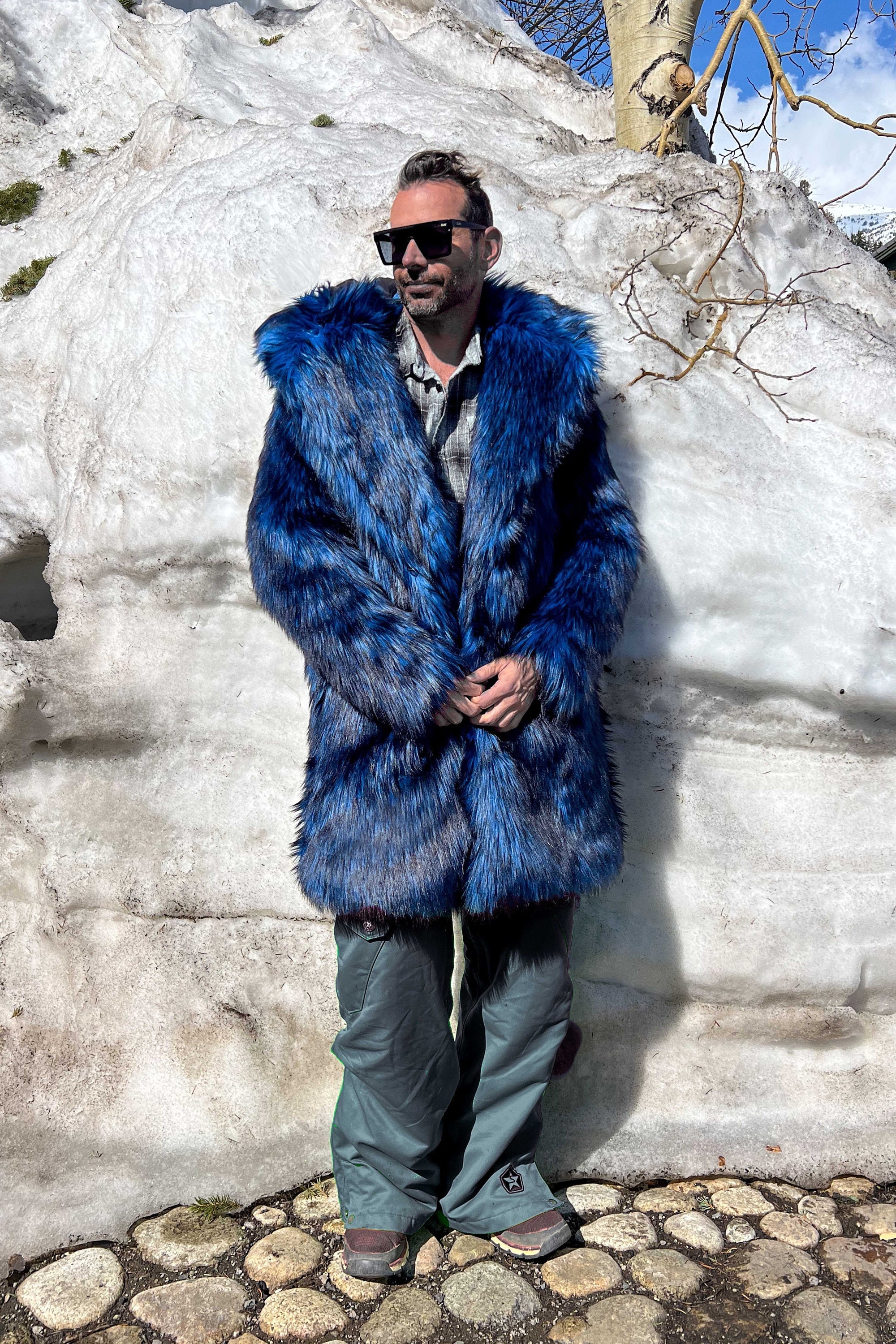 Men's Faux Fur Collared Coat, Snap off Hood Blue Wolf, Gray Wolf