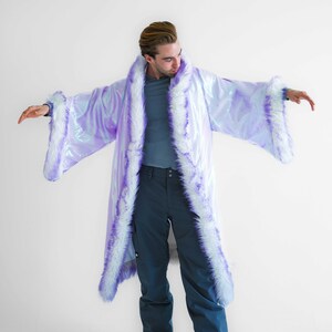 Fur Iridescent Kimono, Burning Man coat Festival Clothing Rave Outfit party jacket sparkly cardigan Rave duster long zdjęcie 7