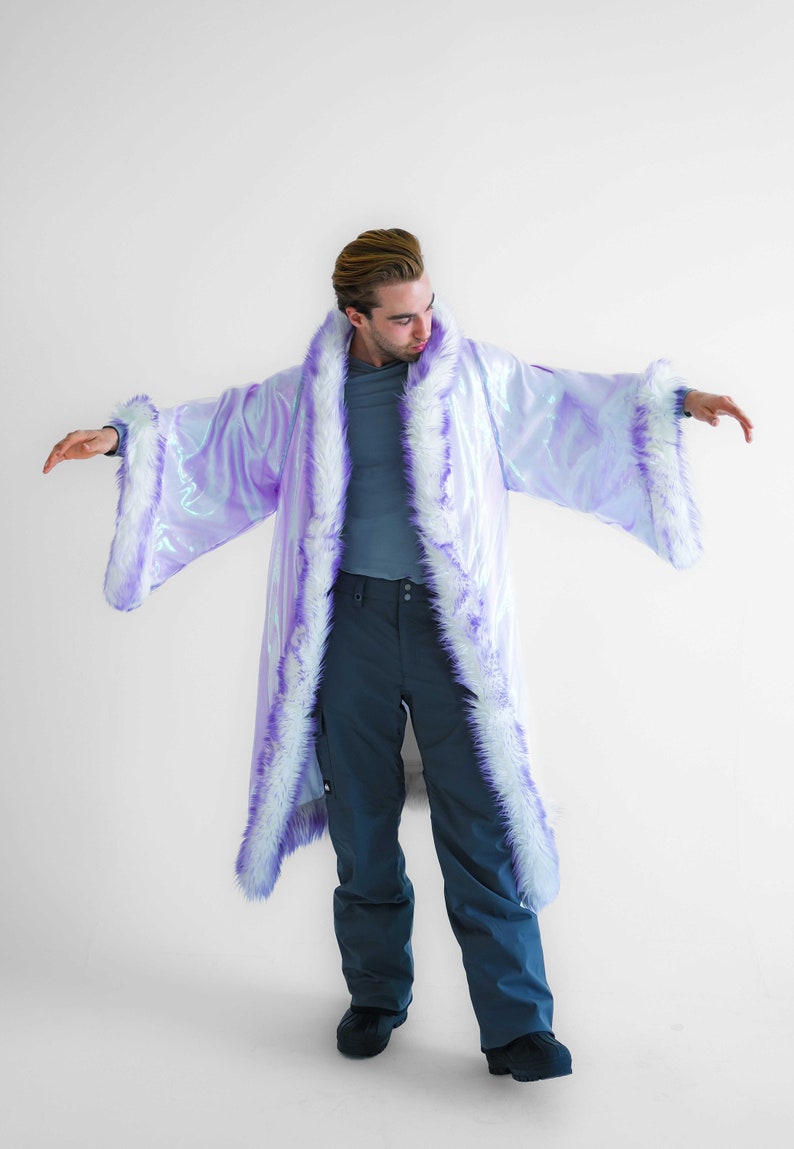 Fur Iridescent Kimono, Burning Man coat Festival Clothing Rave Outfit party jacket sparkly cardigan Rave duster long zdjęcie 7