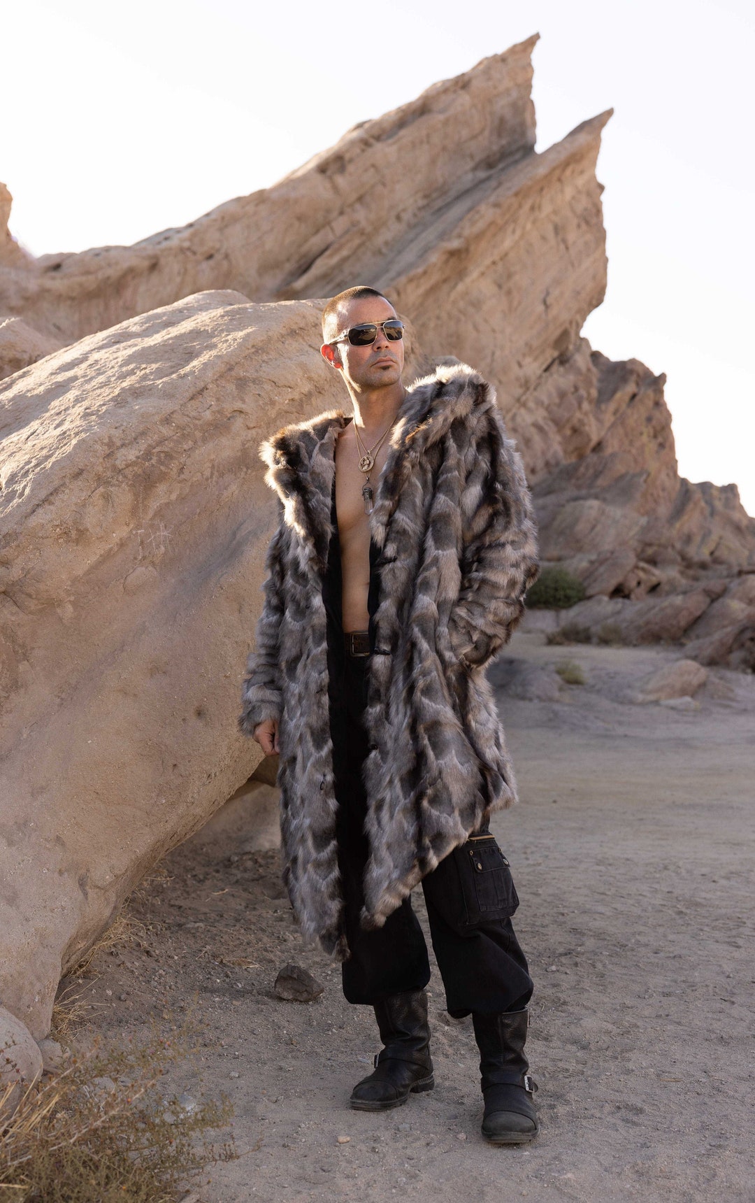 Men's Faux Fur Hooded Coat in Fenrir- Brown/ Black/ Gray Winter Coat ...