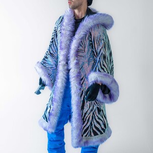 Fur Iridescent Kimono, Burning Man coat Festival Clothing Rave Outfit party jacket sparkly cardigan Rave duster long zdjęcie 2